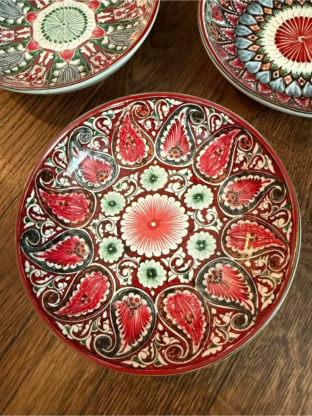 Pottery Barn Mezze 6.25” Bowls Set of 3 Red Paisley Geometric Mediterranean